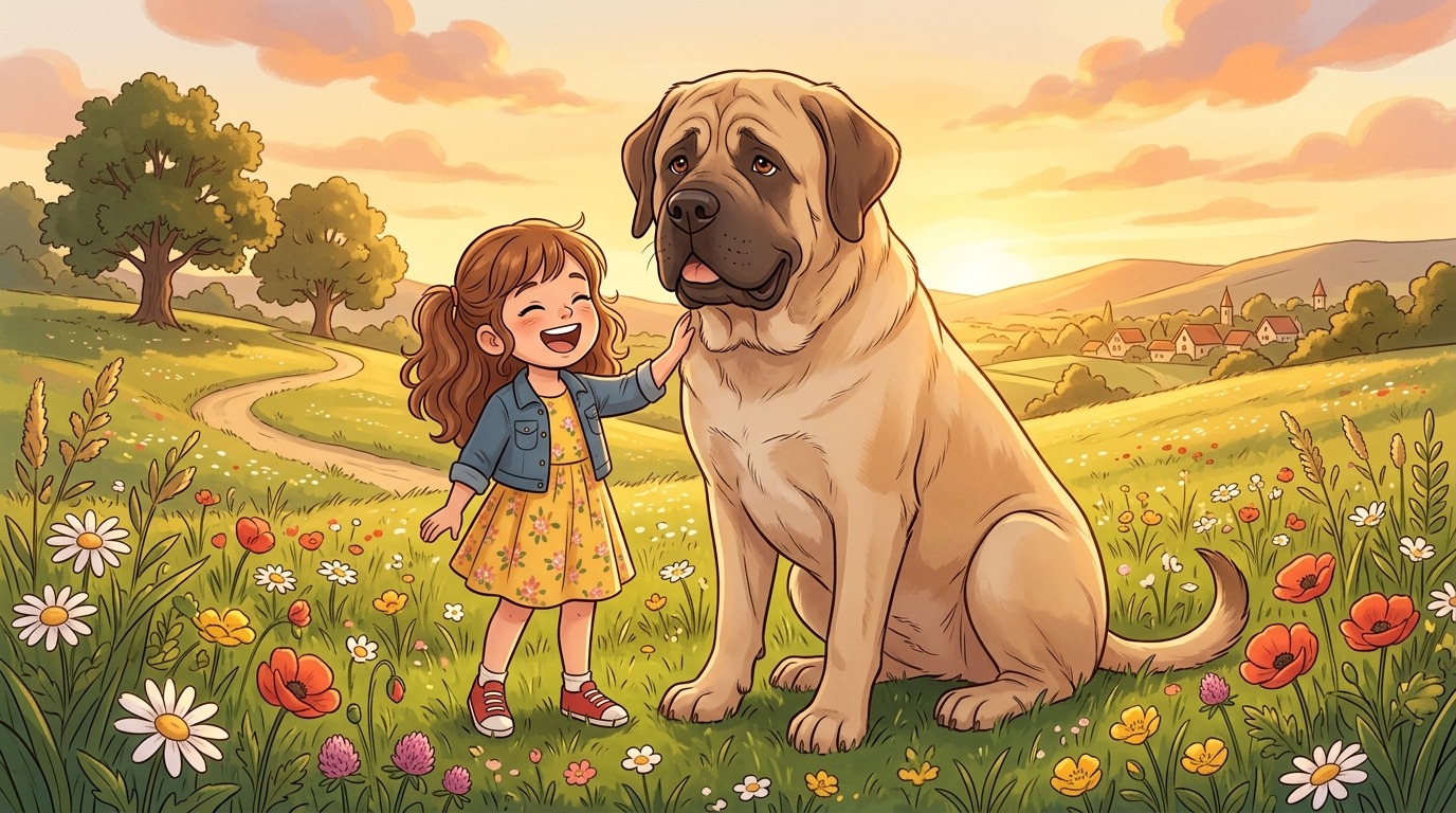 Ein riesiger, freundlicher English Mastiff Hund sitzt neben einem Kind auf einer Wiese und zeigt seine beeindruckende Größe.
