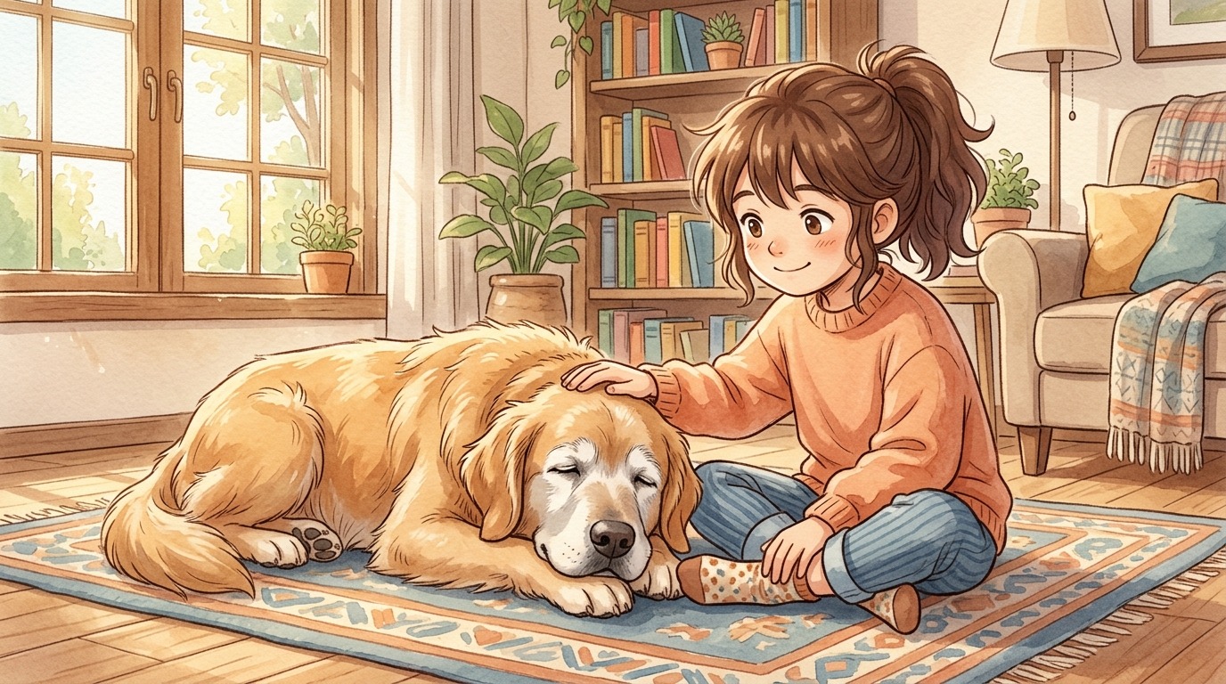 Eine liebevolle Illustration eines älteren Golden Retrievers mit grauer Schnauze, der von einem Kind im sonnigen Wohnzimmer gestreichelt wird.