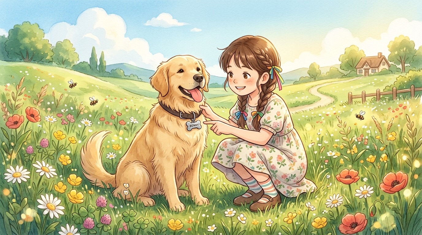 Ein glückliches Kind kniet neben einem Golden Retriever und zeigt auf die glänzende Marke an seinem Halsband.