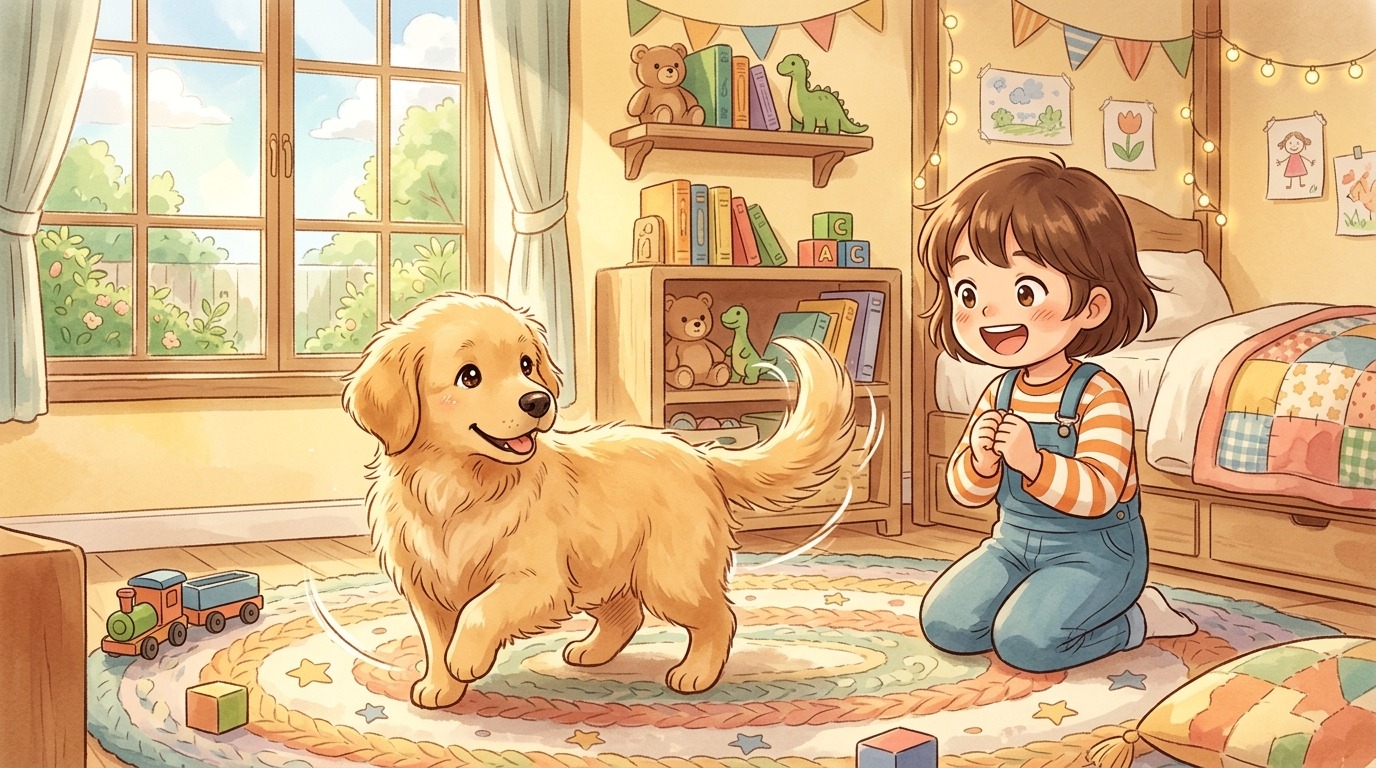 Ein flauschiger Hundewelpe dreht sich im Kreis, um seinen eigenen Schwanz zu fangen, während ein Kind daneben sitzt und lächelt.
