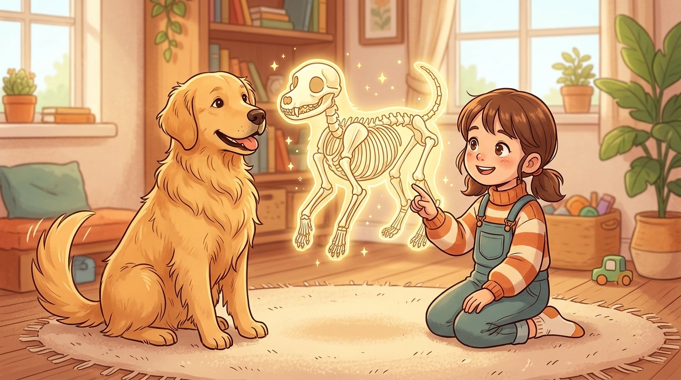 Ein Kind und ein freundlicher Hund betrachten gemeinsam eine leuchtende Illustration eines Hundeskeletts.
