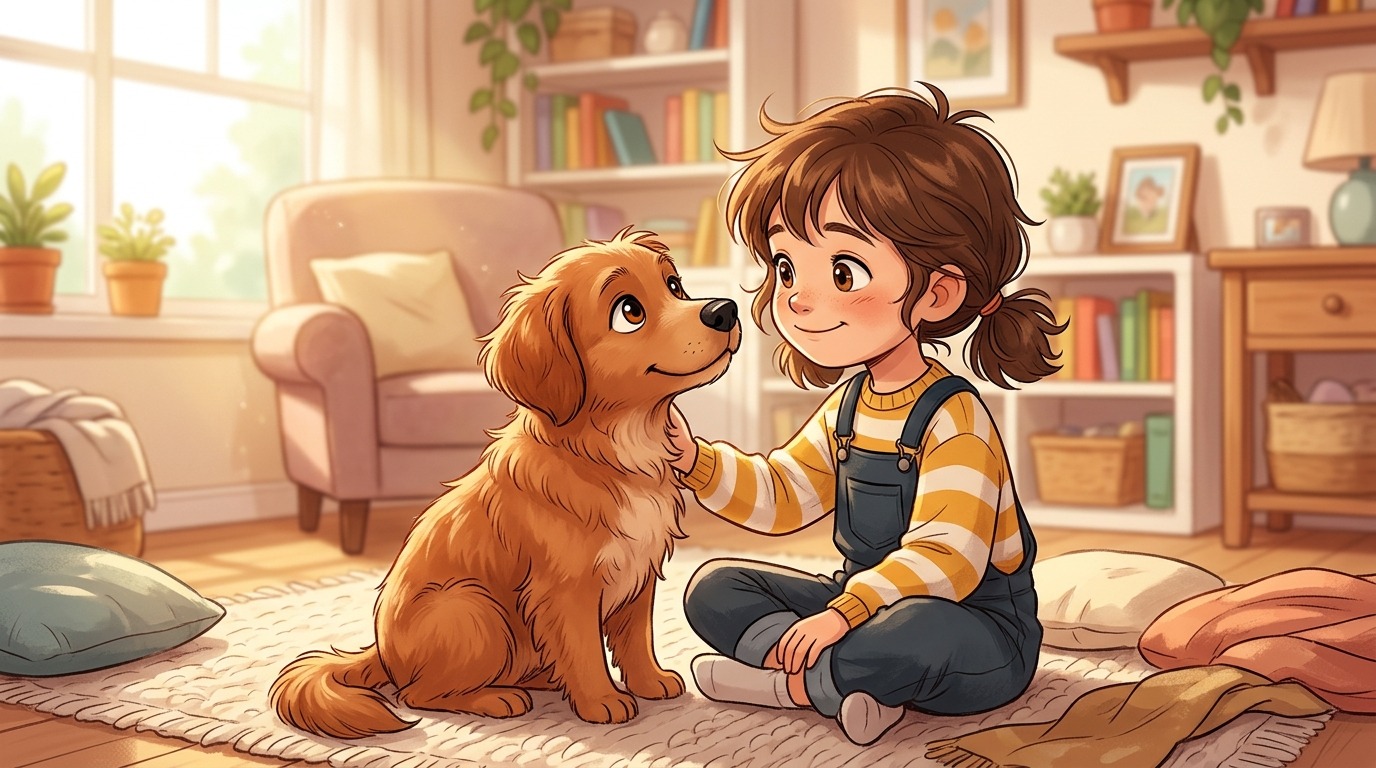 Illustration eines aufmerksamen Hundes, der ein lächelndes Kind ganz genau ansieht, um dessen Gefühle zu erkennen.