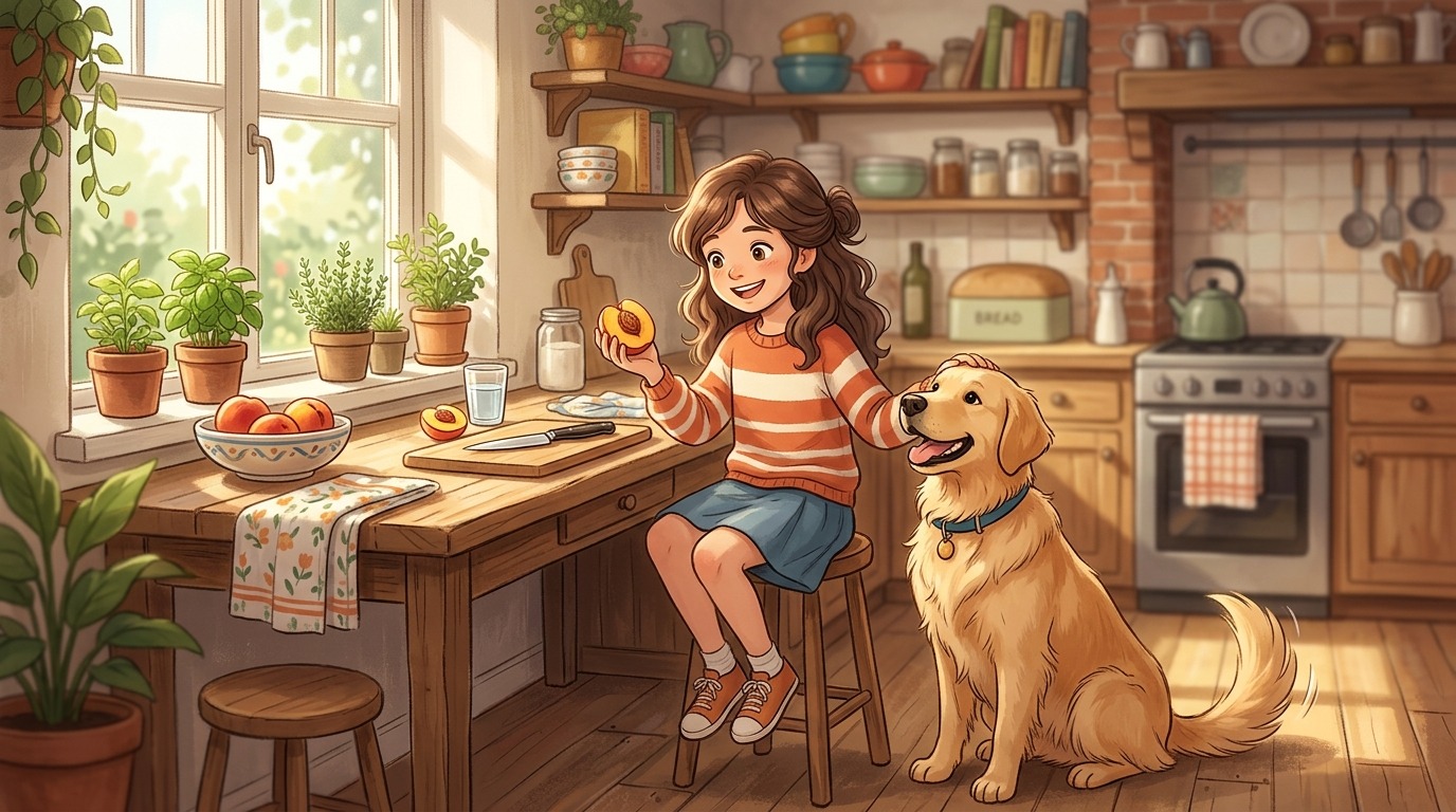 Ein fröhliches Kind bereitet in einer hellen Küche eine kernlose Nektarine als Snack für einen Golden Retriever vor.