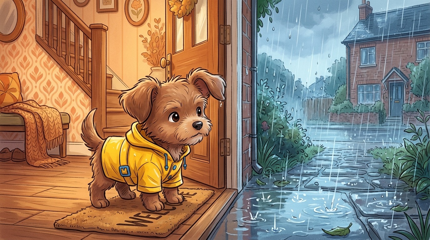 Ein niedlicher Hund mit Schlappohren schaut skeptisch aus einer Haustür auf prasselnden Regen.