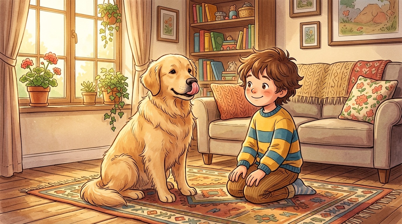 Illustration eines Golden Retrievers, der sich über die Nase leckt, während ein Kind ihn beobachtet.