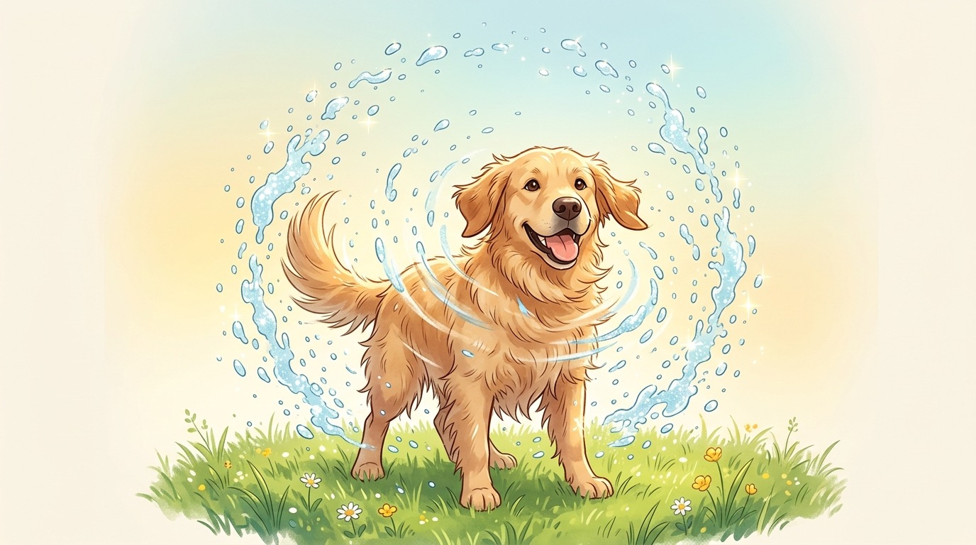 Ein fröhlicher, goldfarbener Hund schüttelt sich kräftig und schleudert glitzernde Wassertropfen aus seinem Fell.