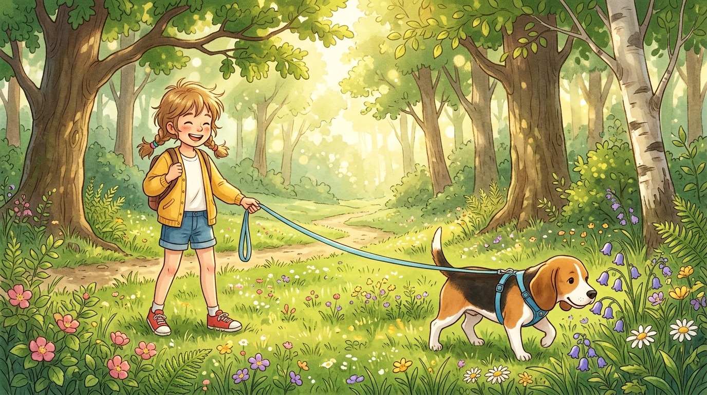 Ein glückliches Kind hält eine lange Schleppleine, während ein Beagle auf einer bunten Wiese schnüffelt.