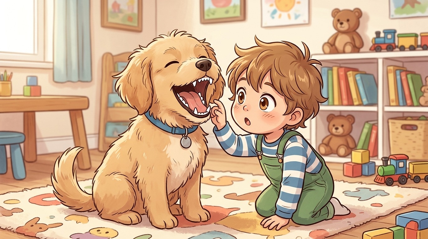 Illustration eines fröhlichen Hundes, der gähnt und seine Zähne zeigt, daneben ein staunendes Kind.