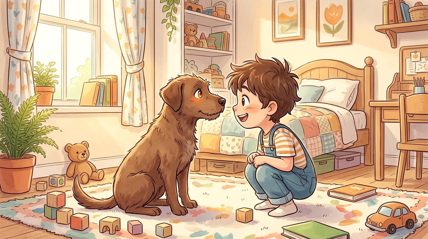 Illustration eines Kindes und eines Hundes bei einem lustigen Starrewettbewerb in einem gemütlichen Kinderzimmer.