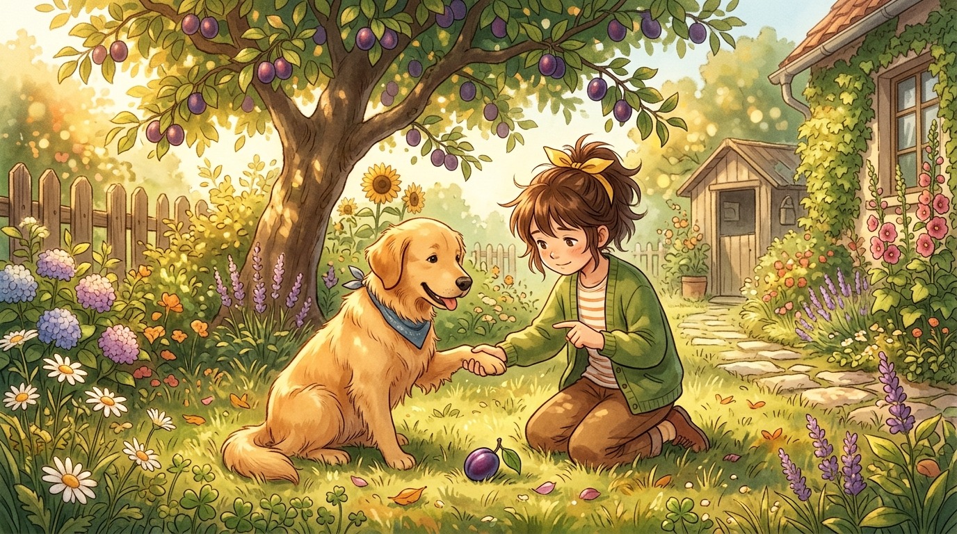 Ein Kind im Garten erklärt seinem Golden Retriever, dass er die heruntergefallenen Pflaumen nicht essen darf.