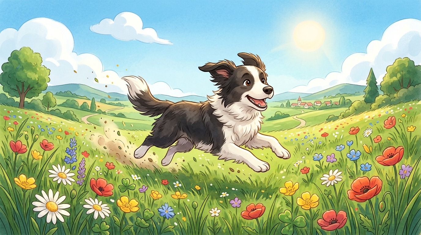Illustration eines fröhlichen Hundes, der voller Energie über eine bunte Blumenwiese rennt, im modernen Kinderbuchstil.