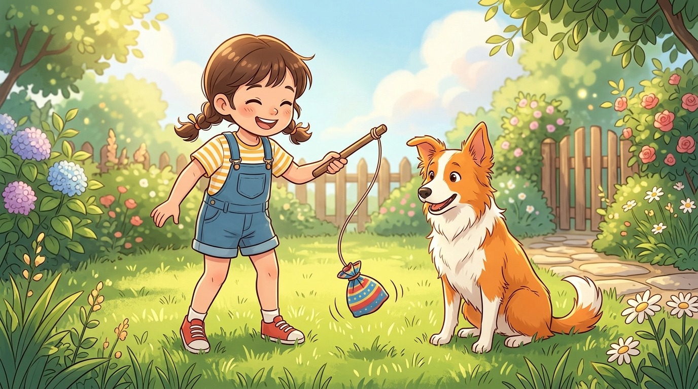 Ein Kind hält eine selbstgebastelte Spielangel mit einem Futterbeutel über den Boden, während ein Hund aufmerksam und geduldig zuschaut.