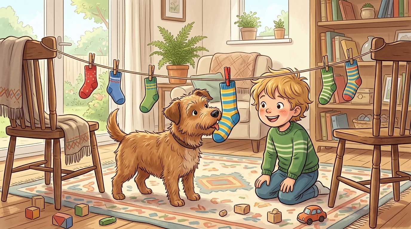 Ein glückliches Kind schaut zu, wie sein Hund vorsichtig an einer Socke schnüffelt, die an einer Leine zwischen zwei Stühlen hängt.