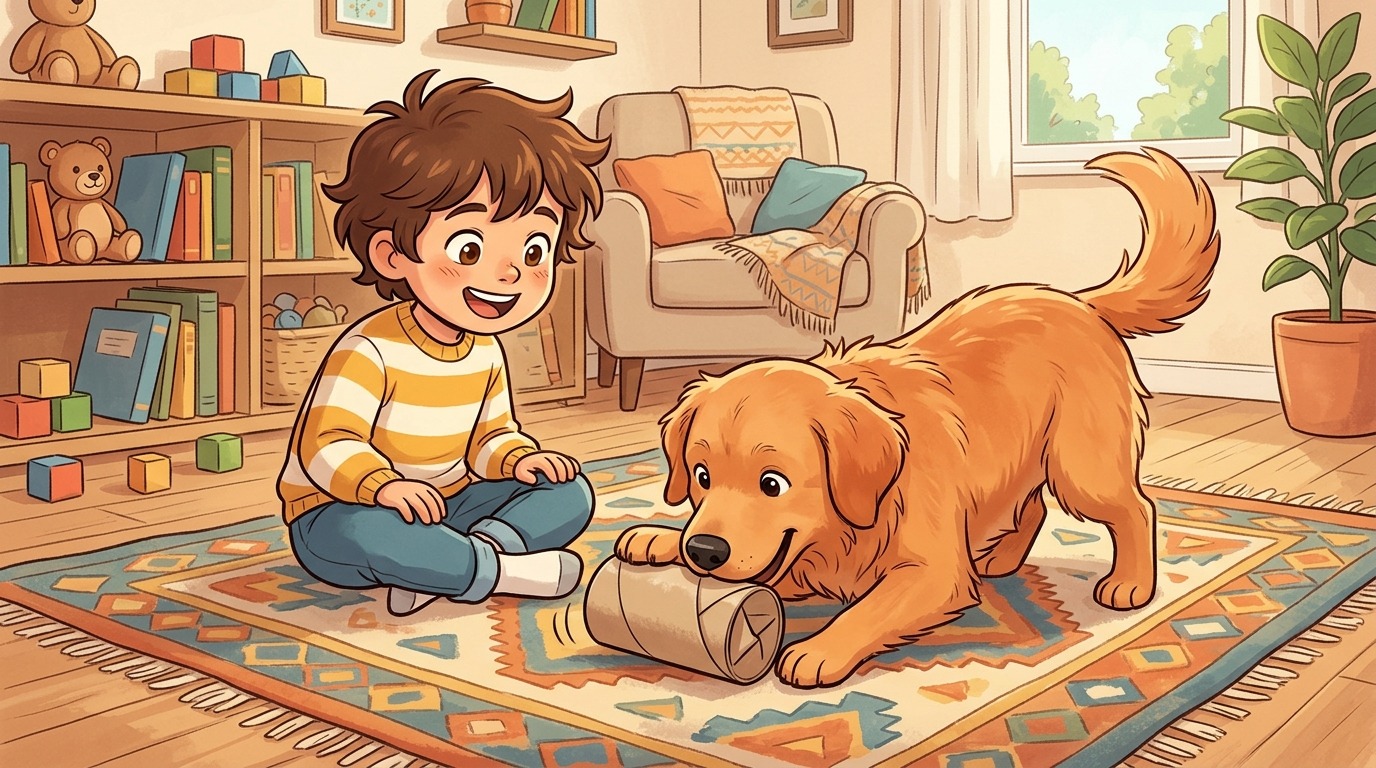 Ein Kind beobachtet lächelnd seinen Hund, der neugierig versucht, eine verschlossene Papprolle mit der Pfote zu öffnen.