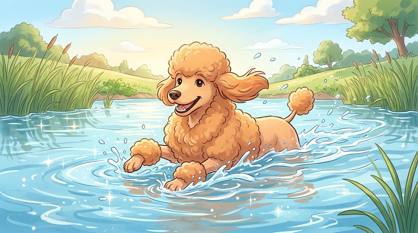 Ein lockiger Pudel mit traditionellem Haarschnitt schwimmt mutig in einem kühlen See.
