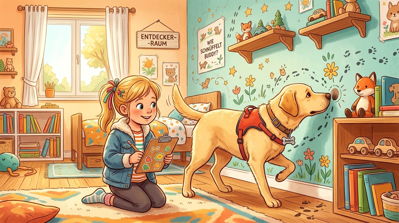 Ein gelber Labrador schnüffelt konzentriert an einer Zimmerwand, während ein Kind daneben zuschaut.
