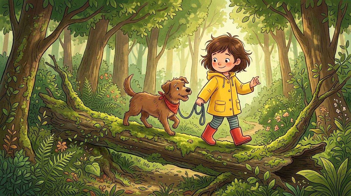 Ein Kind führt seinen Hund im Wald behutsam über einen liegenden Baumstamm, während die Sonne durch die Blätter scheint.