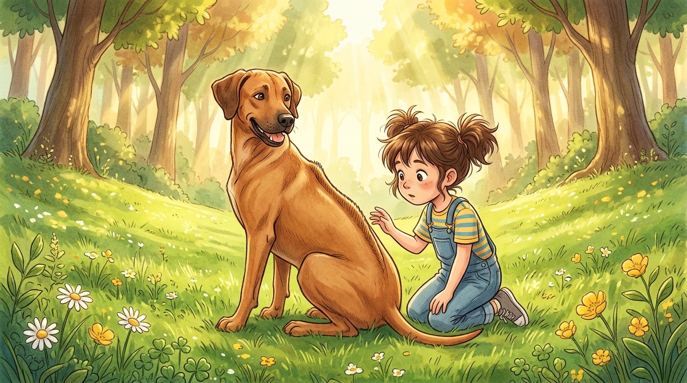 Ein Rhodesian Ridgeback Hund sitzt auf einer Wiese, während ein Kind staunend den besonderen Fellstreifen auf seinem Rücken betrachtet.