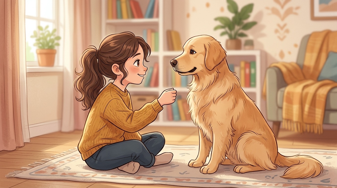 Ein Kind und ein freundlicher Hund sitzen sich gegenüber und halten intensiven Blickkontakt während eines Konzentrationsspiels.