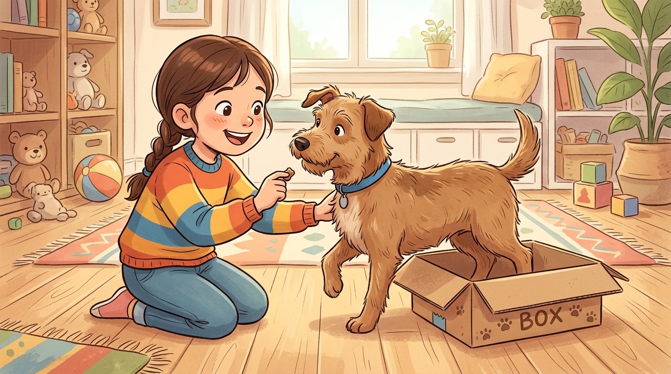 Ein Kind trainiert spielerisch mit seinem Hund das Rückwärtsgehen in einen flachen Pappkarton.
