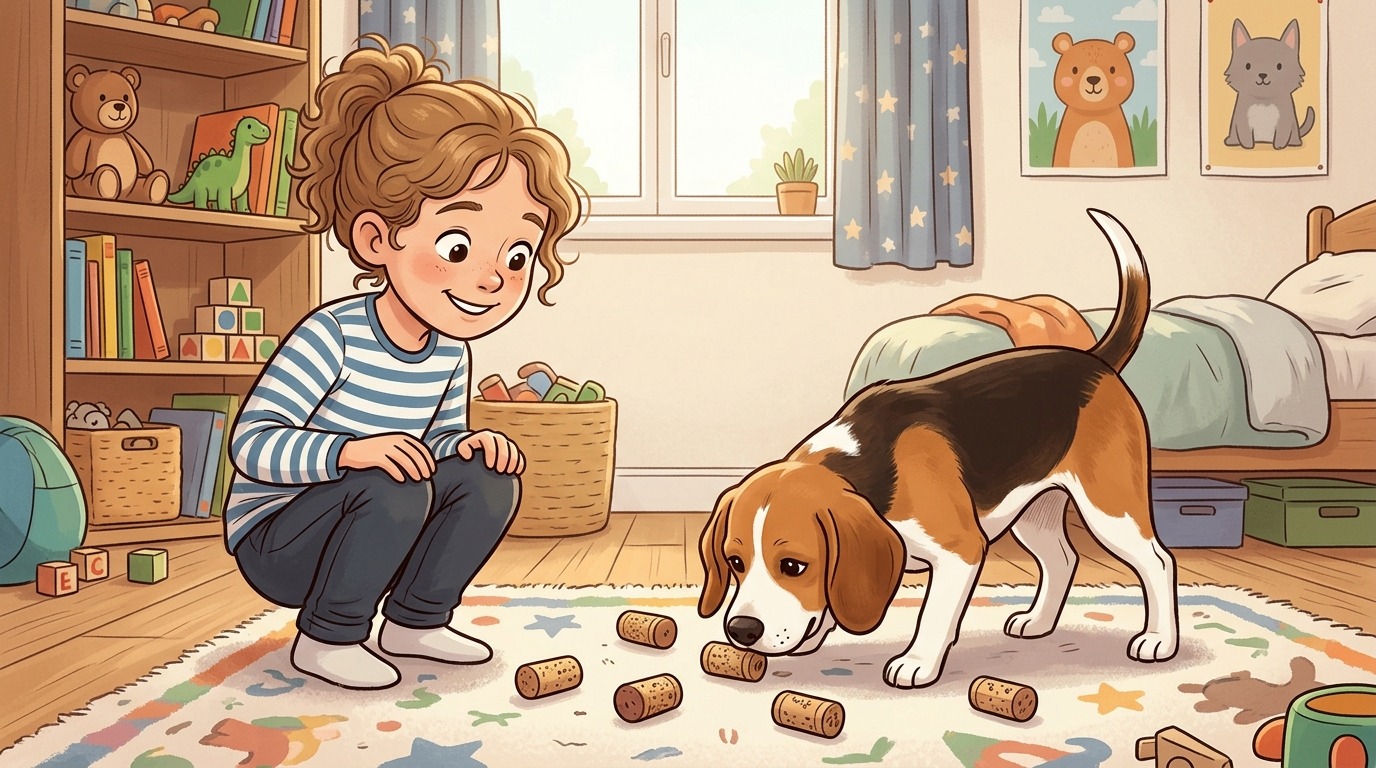 Ein glückliches Kind und ein Hund beim gemeinsamen Suchspiel Die Korken-Nase auf einem hellen Teppich.