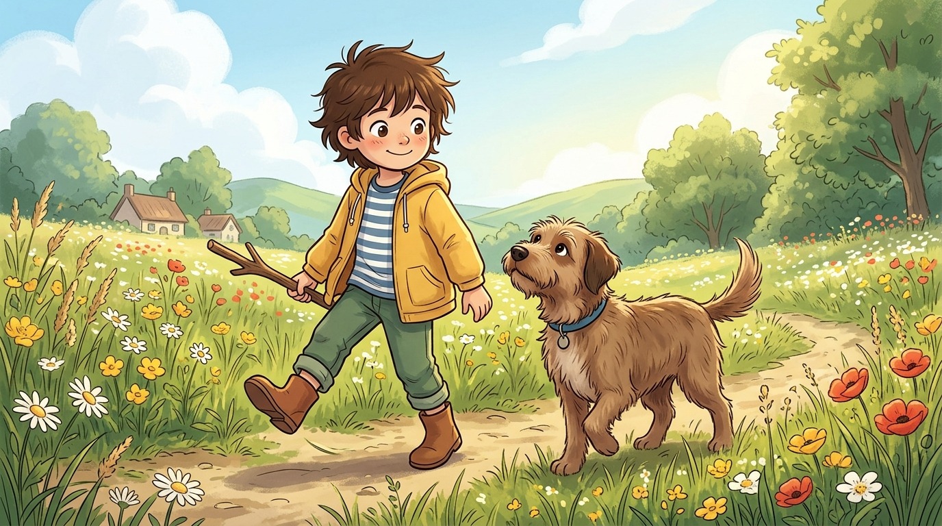 Ein glückliches Kind und ein Hund gehen in Zeitlupe ganz konzentriert nebeneinander auf einer Wiese.