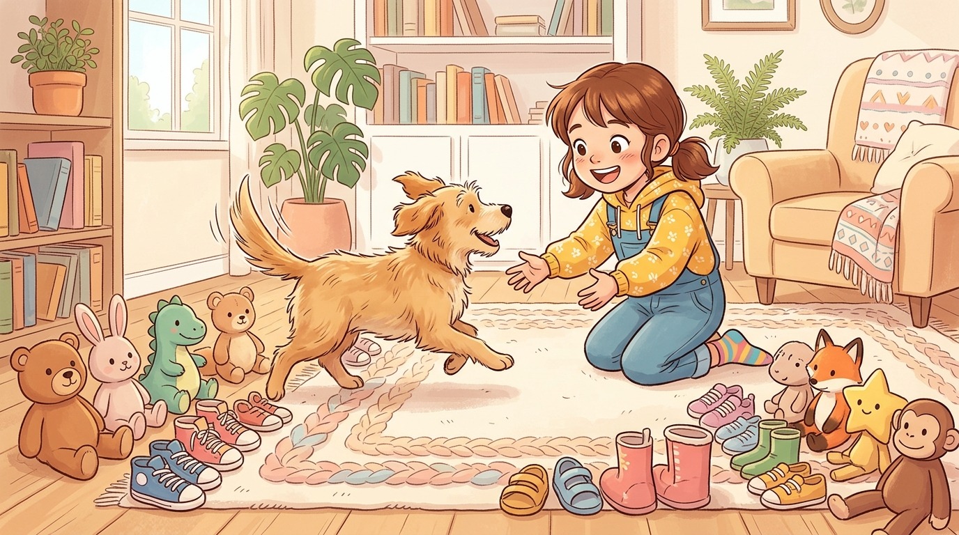 Ein Kind lockt seinen Hund freudig durch eine Gasse aus Spielzeug und Schuhen, während der Hund konzentriert angelaufen kommt.