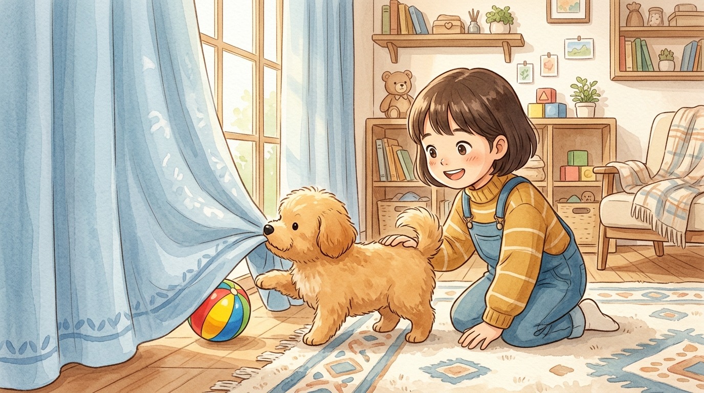 Ein glückliches Kind beobachtet lächelnd, wie sein Hund neugierig durch einen bunten Vorhang schlüpft, um ein Versteckspiel zu gewinnen.