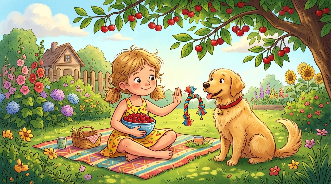 Ein glückliches Kind im Garten, das seinem Hund zeigt, dass Kirschen nicht für ihn sind und ihm stattdessen ein Spielzeug gibt.