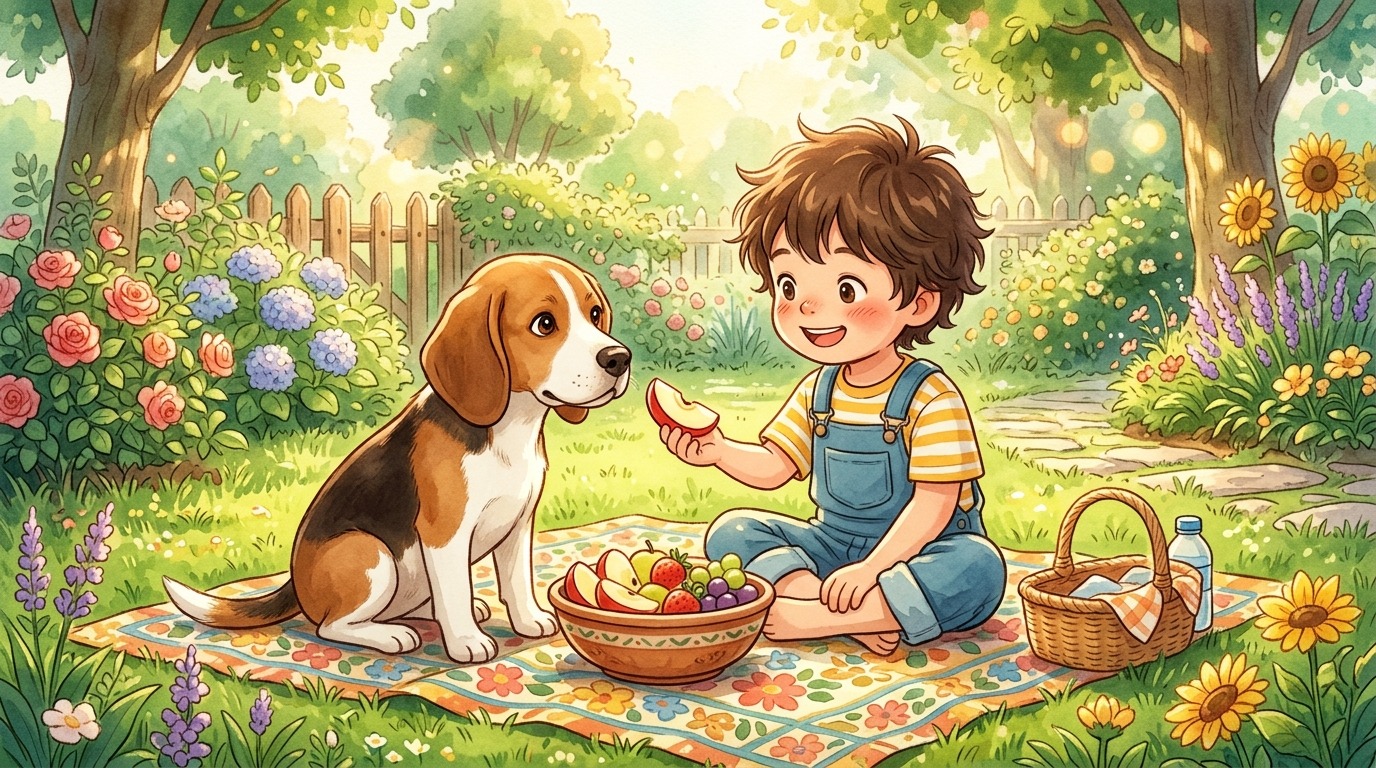 Ein neugieriger Beagle sitzt neben einem Kind auf einer Wiese und schaut auf eine Obstschale.
