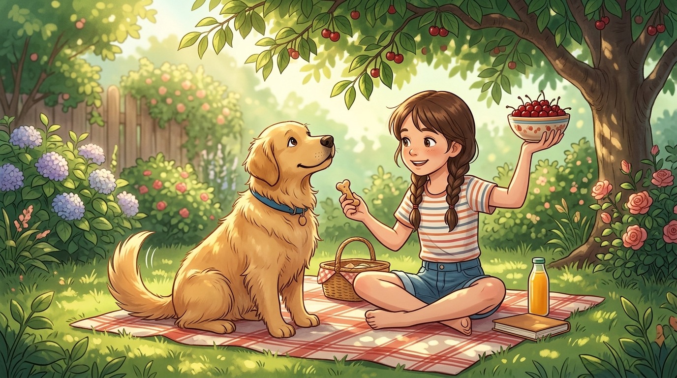 Ein glücklicher Golden Retriever sitzt neben einem Kind auf einer Wiese und bekommt eine gesunde Belohnung.