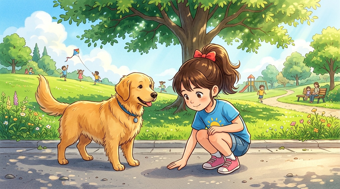 Ein Kind macht den Handrücken-Test auf dem Asphalt neben einem Golden Retriever im Sommer.