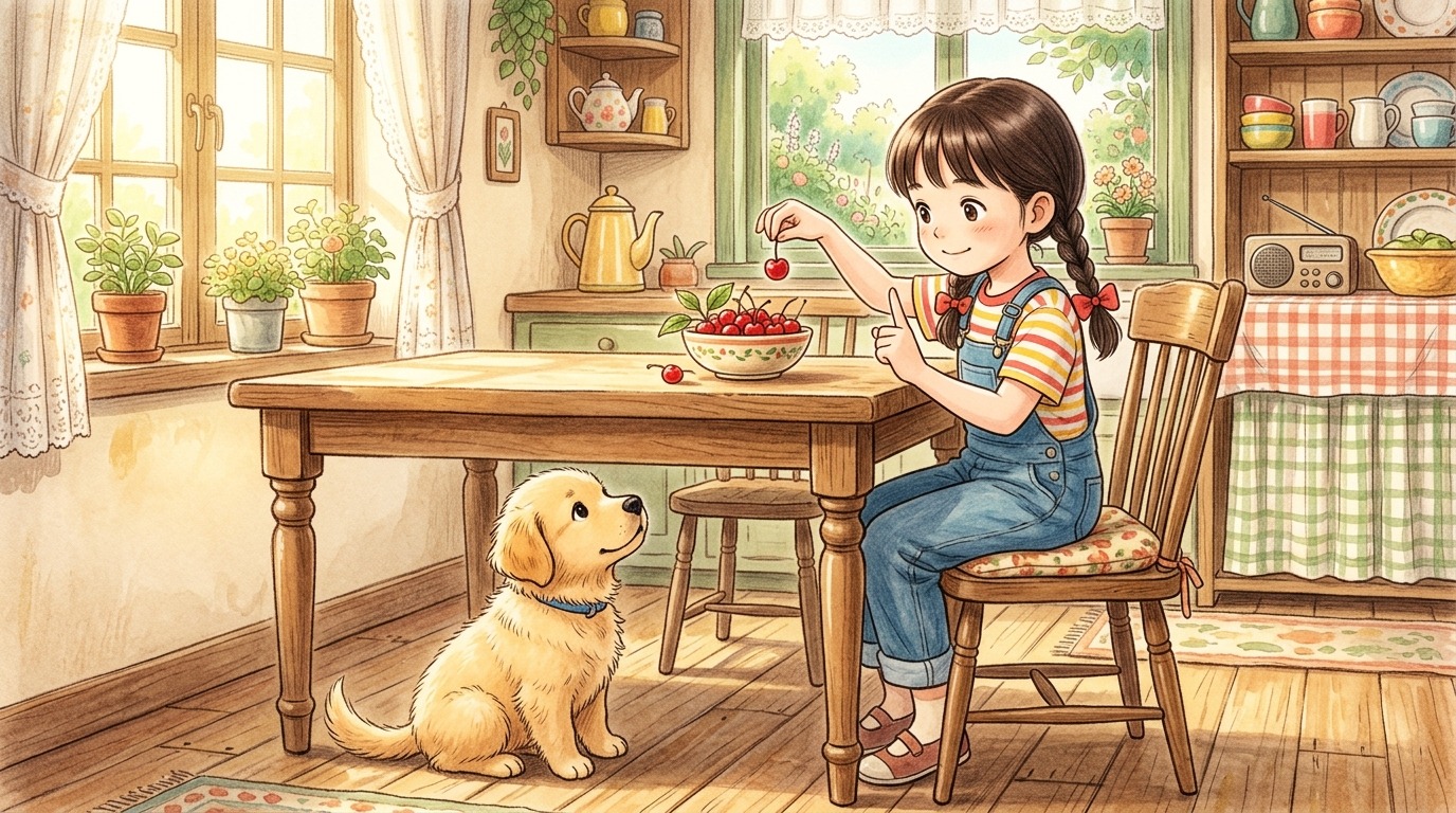 Ein Kind zeigt seinem Golden Retriever Welpen eine Kirsche und erklärt mit erhobenem Zeigefinger, dass er sie nicht essen darf.