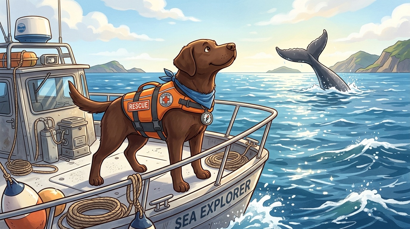 Ein freundlicher Hund mit einer orangefarbenen Rettungsweste steht stolz am Bug eines Bootes auf dem Meer und schnuppert in den Wind, während im Hintergrund ein Wal auftaucht.