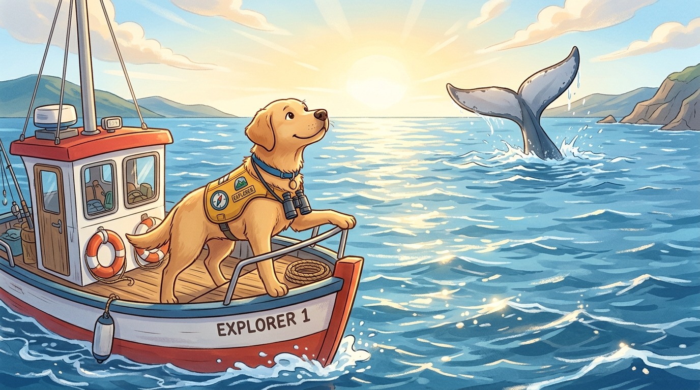 Ein freundlicher Hund mit einer Rettungsweste steht auf einem Forschungsboot und schnüffelt im Wind, während im Hintergrund ein Wal im Meer auftaucht.