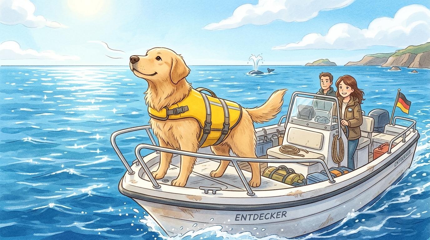 Ein freundlicher Hund mit gelber Rettungsweste steht am Bug eines Bootes auf dem blauen Meer und schnüffelt in der Luft.