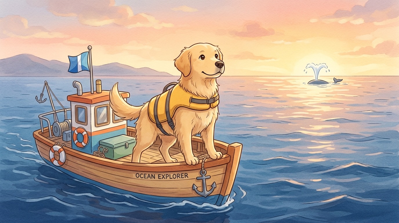 Ein Hund mit Schwimmweste steht auf einem Forschungsboot und hilft Wissenschaftlern dabei, Wale im Meer zu finden.