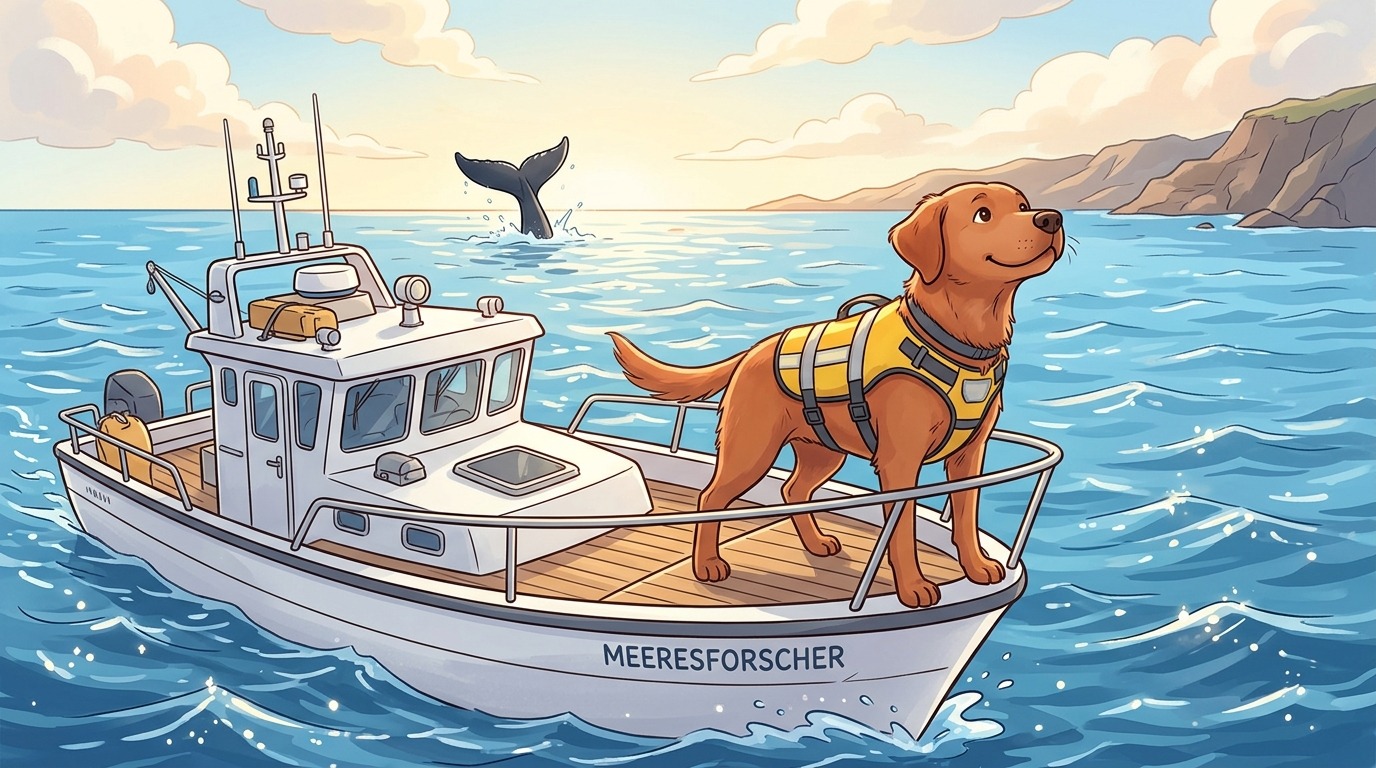 Ein freundlicher Hund mit einer kleinen Rettungsweste steht auf dem Bug eines Forschungsbootes und blickt über das weite blaue Meer, im Hintergrund ist eine Walflosse zu sehen.