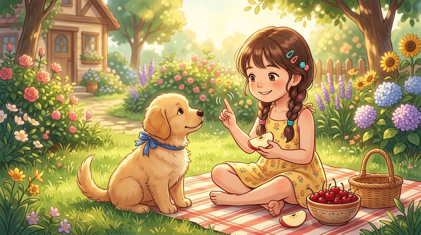 Ein Kind erklärt seinem Hund im Garten, dass er keine Kirschen aus der Schüssel essen darf.