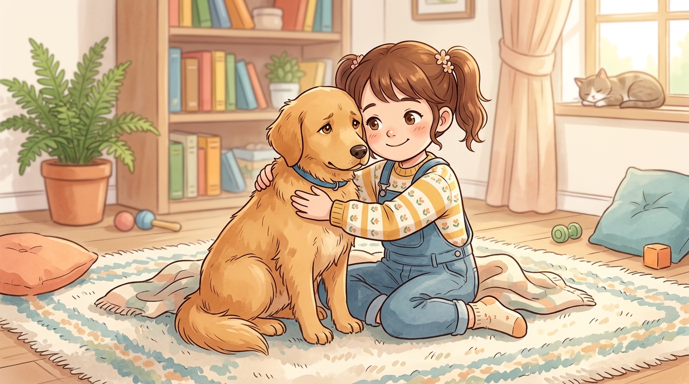 Eine liebevolle Illustration eines Kindes, das einen traurig schauenden Hund tröstet, ohne dass der Hund Tränen vergiesst.