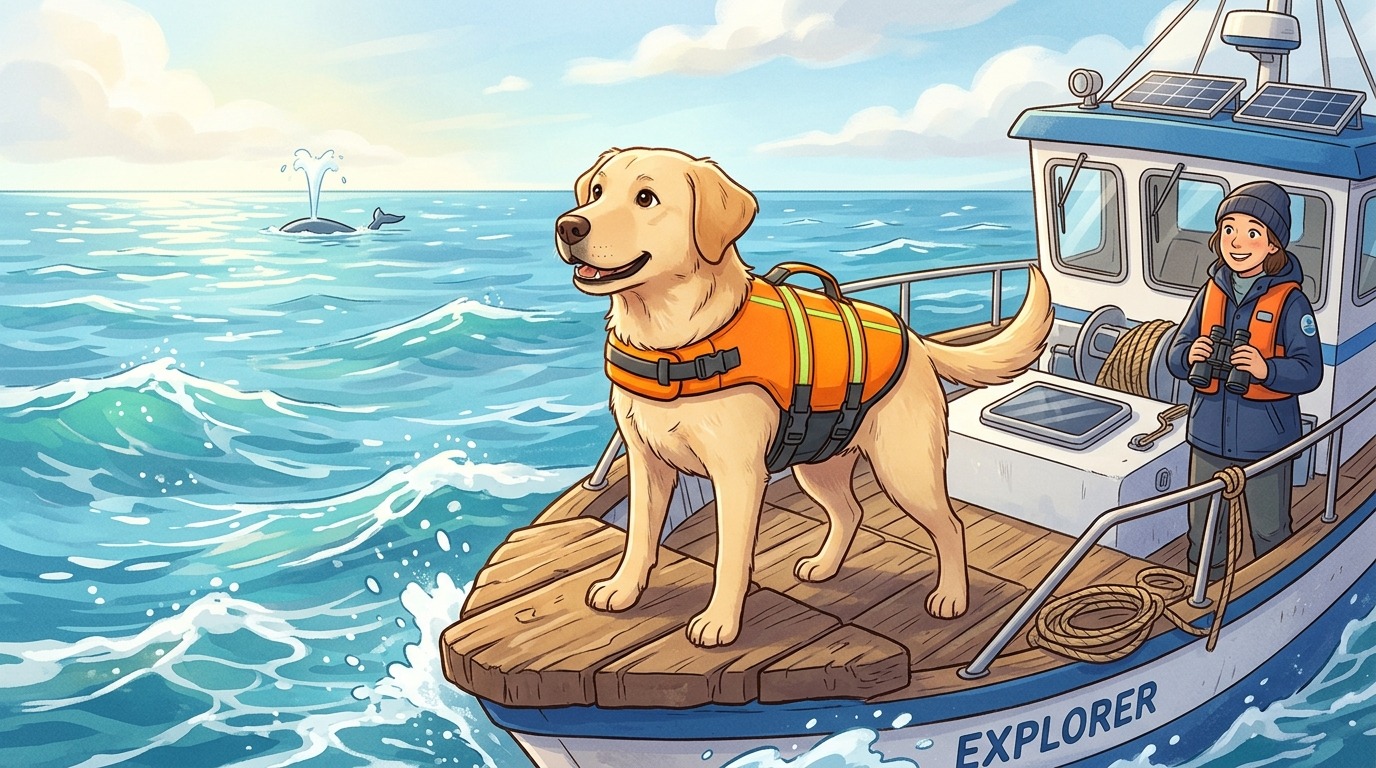 Ein freundlicher Hund mit einer orangefarbenen Schwimmweste steht vorne auf einem Boot im blauen Meer und schnüffelt in den Wind.