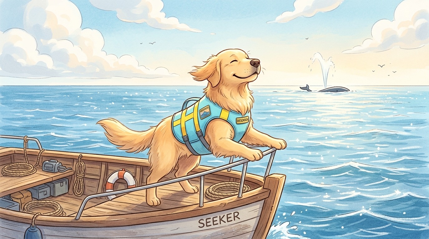 Ein fröhlicher Hund mit Schwimmweste steht vorne auf einem Forschungsboot im blauen Ozean und schnuppert in den Wind.