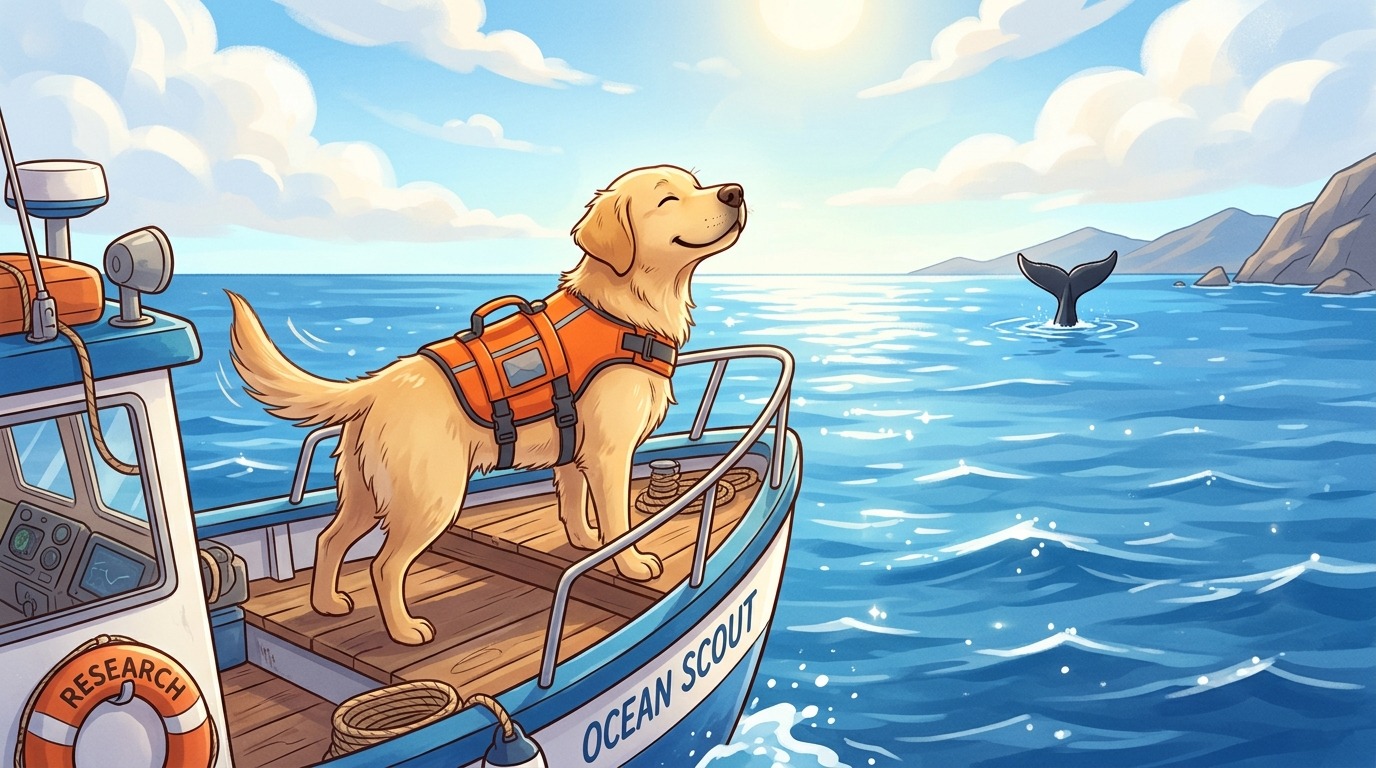 Ein freundlicher Hund mit Rettungsweste steht am Bug eines Bootes im Meer und schnuppert in den Wind, während im Hintergrund ein Wal auftaucht.