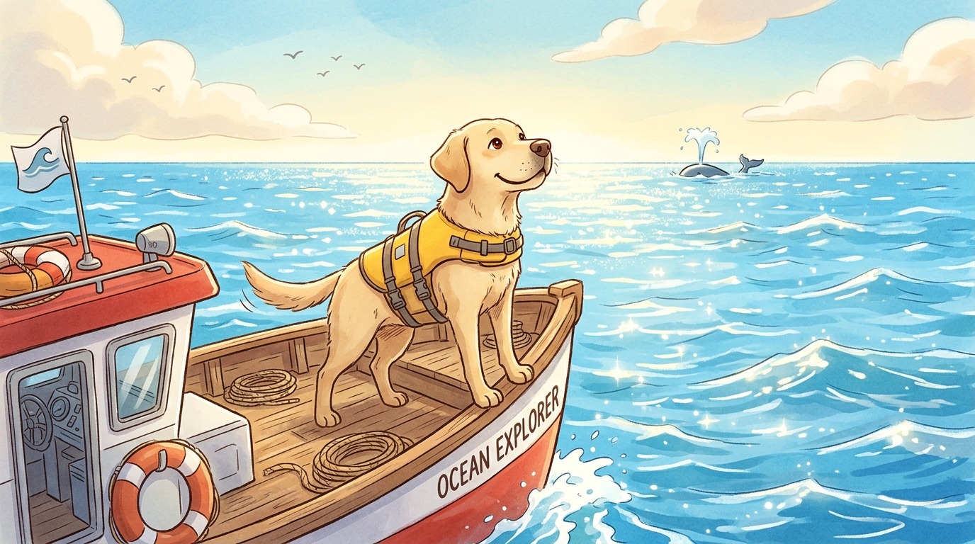 Ein freundlicher Hund mit gelber Schwimmweste steht vorne auf einem Boot und schnuppert konzentriert über das weite blaue Meer.