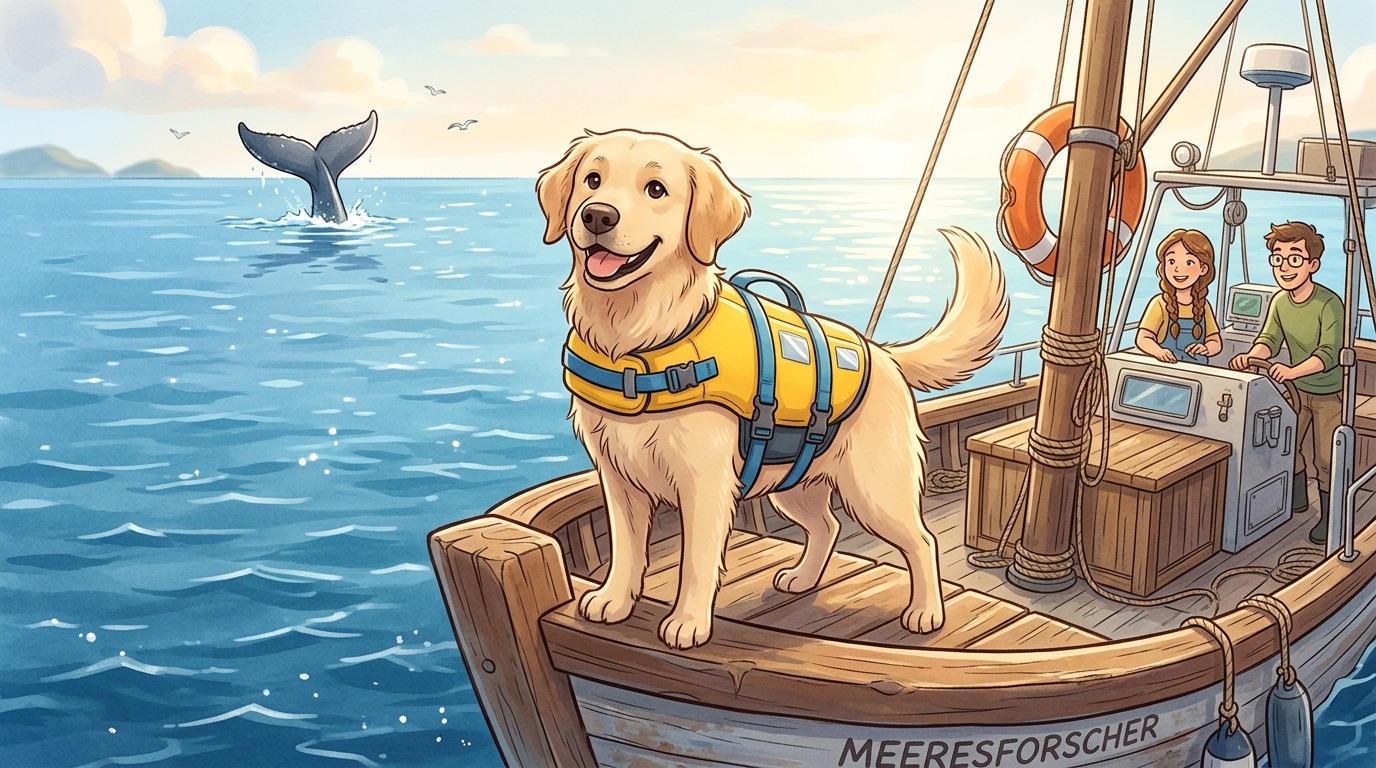 Ein freundlicher Hund mit gelber Schwimmweste steht auf dem Bug eines Forschungsbootes und blickt über den weiten blauen Ozean.
