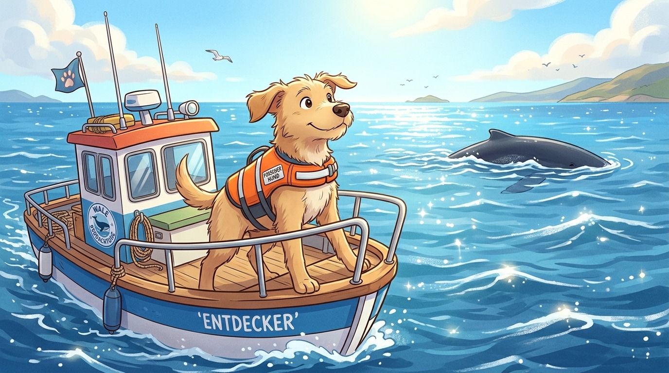 Ein freundlicher Hund mit einer orangen Schwimmweste steht vorne auf einem Boot im blauen Meer und schnüffelt in den Wind.
