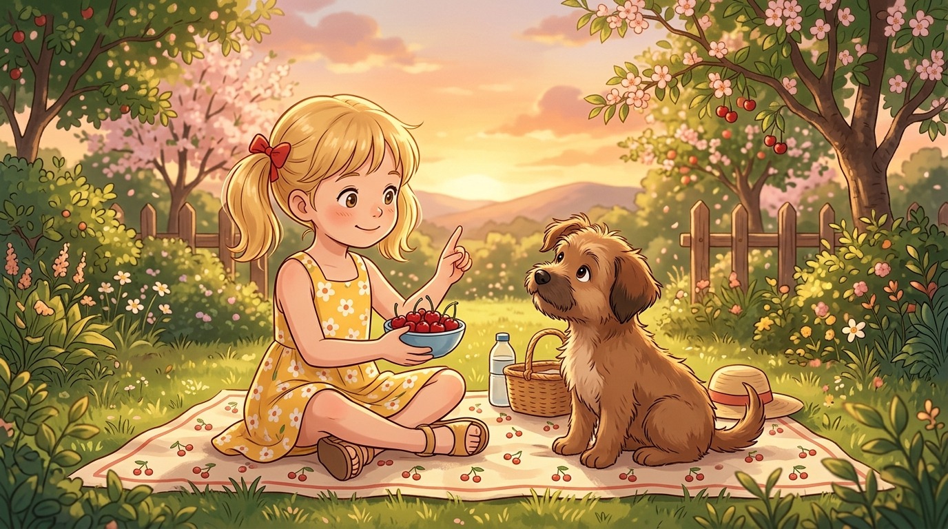Ein Kind sitzt im Garten auf einer Decke und hält eine Schüssel Kirschen von seinem neugierigen Hund fern.