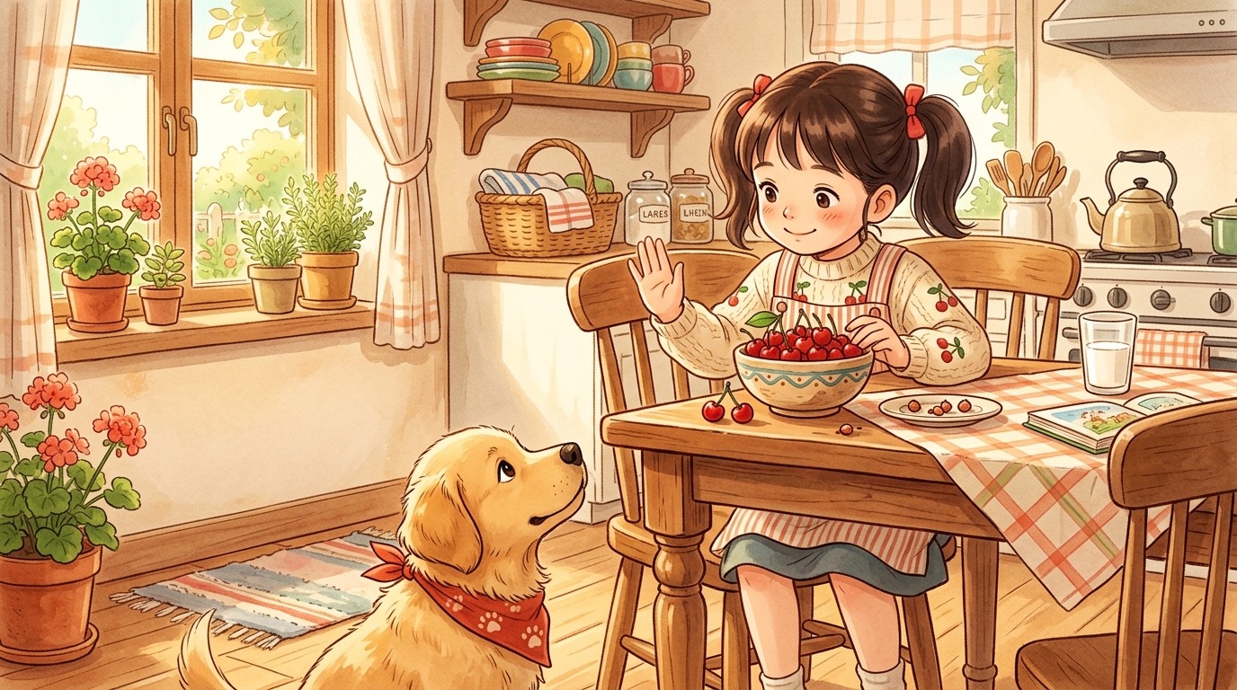 Ein Kind erklärt seinem neugierigen Hund, warum er keine Kirschen aus der Schale essen darf.