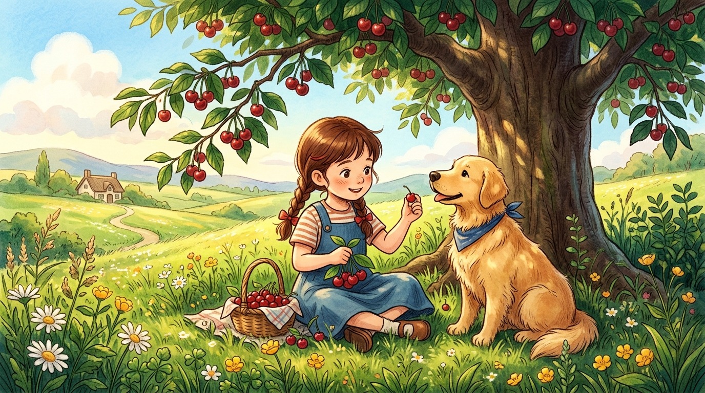 Ein Kind und ein Golden Retriever sitzen im Garten unter einem Kirschbaum und schauen sich eine rote Frucht an.