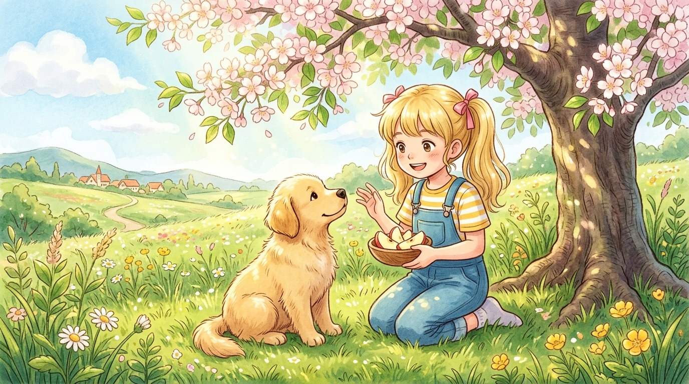 Ein Golden Retriever Welpe sitzt im Garten und ein Kind zeigt ihm, dass Kirschen nicht für Hunde geeignet sind.